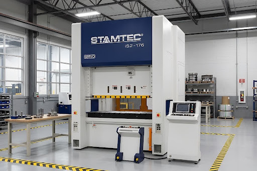 Stamtec iS2-176 servo press, a straight-side model with a freestanding control pendant, on a warehouse production floor