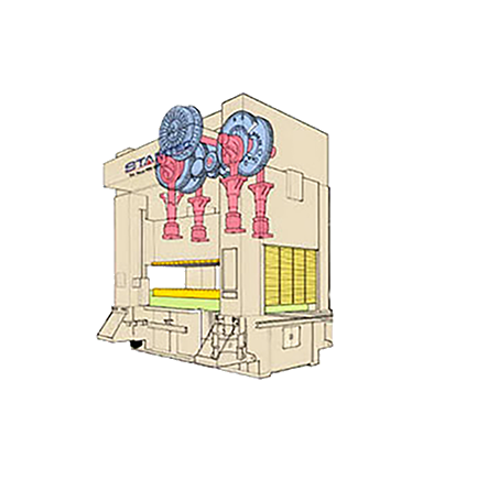 Stamtec 4-point eccentric geared straight side transfer press illustration showing dual flywheels and mechanical drive components